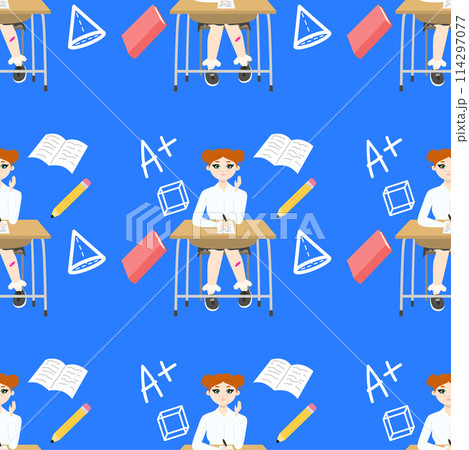 Seamless pattern Cute girl with red hair sitting at a school desk near book pencil. Back to school edition. Flat vector. Background blue 114297077