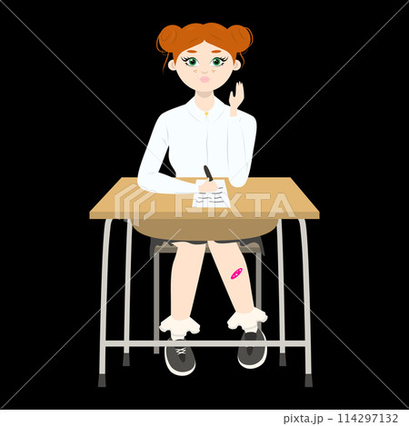 Cute girl with red hair sitting at a school desk with raised hand on black background. Back to school edition. Flat vector Cute girl with red hair sitting at a school desk with raised hand on black background. Back to school edition. Flat vector 114297132