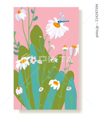 Summer poster Wild flowers white daisy dragonfly bush lush foliage. Simple wild wildflower plant pattern Template pink card vertical Wallpaper cloth fabric Wallpaper textile cute vector Summer poster Wild flowers white daisy dragonfly bush lush foliage. Simple wild wildflower plant pattern Template pink card vertical Wallpaper cloth fabric Wallpaper textile cute vector 114297394
