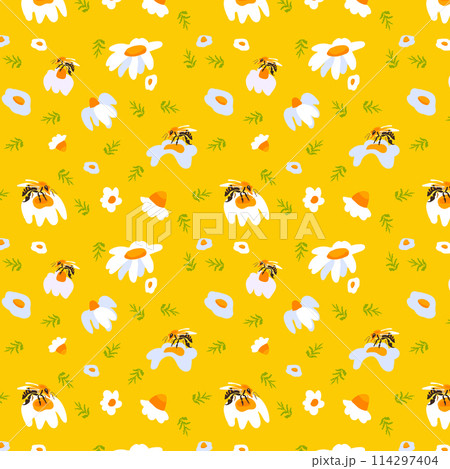 Seamless pattern wildflower daisy bee Plant flower graphic card Yellow poster banner Spring summer fabric clothing backdrop packaging wallpaper Template textile cover 114297404