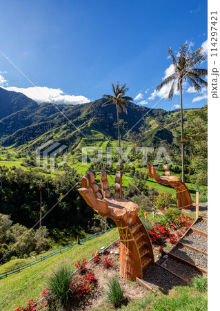 Entertainment center in Valle del Cocora Valley with tall wax palm trees. Salento, Quindio department. Colombia 114297421