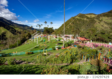 Entertainment center in Valle del Cocora Valley with tall wax palm trees. Salento, Quindio department. Colombia 114297429
