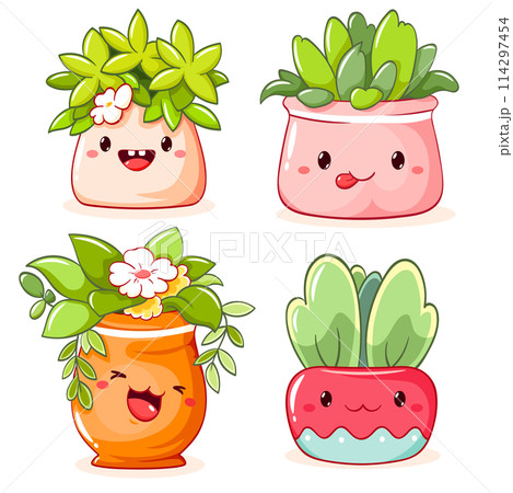 Cute cartoon plants in flowerpot. Plant in kawaii style in flower pot. Home garden, hobby and leisure concept. Gardening and floriculture. Vector illustration EPS8 Cute cartoon plants in flowerpot. Plant in kawaii style in flower pot. Home garden, hobby and leisure concept. Gardening and floriculture. Vector illustration EPS8 114297454