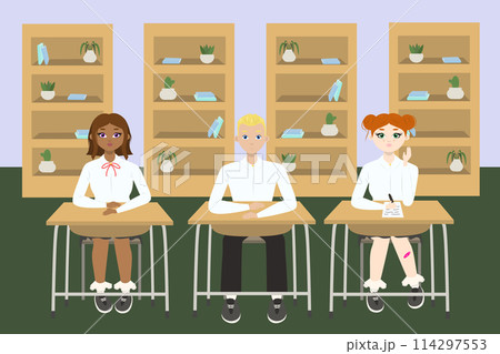 Cute girl and boy with different hair sitting at a school desk in school class with 4 wardrobes with books. Back to school edition. Flat vector Cute girl and boy with different hair sitting at a school desk in school class with 4 wardrobes with books. Back to school edition. Flat vector 114297553