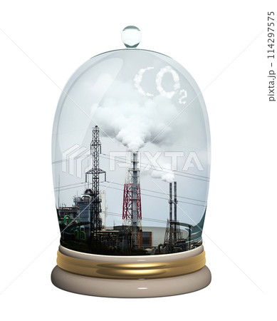 Environmental pollution, net CO2 footprint neutralize development. Glass protective cap catching factory harmful cloud. Ecology and conservation protection concept. Isolated on white. 3d render 114297575