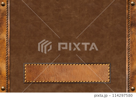Horizontal or vertical leather background of brown colors and decorative belt with braided edging and metal rivets. Decorative backdrop with cowhide texture and braided edge. Copy space for text 114297580
