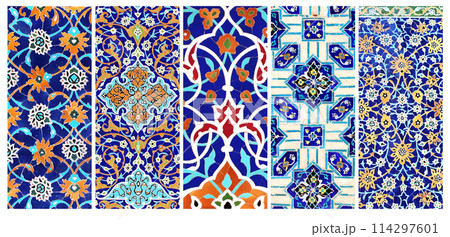 Set of vertical or horizontal banners with detail of ancient mosaic walls with floral and geometric ornaments. Collection of backgrounds with traditional iranian tile decorations Set of vertical or horizontal banners with detail of ancient mosaic walls with floral and geometric ornaments. Collection of backgrounds with traditional iranian tile decorations 114297601