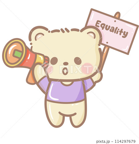 Handdrawn illustration Cute kawaii yellow teddy bear pride month Lgbt Rainbow clipart pastel color greeting card party invitation 114297679