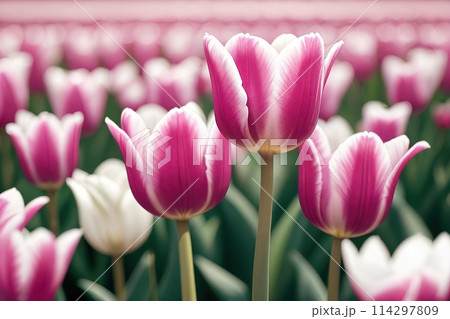 Spring background with field of tulips and sunshine. 114297809