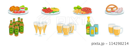 Grilled Food and Cooked Snack on Plate with Beer Vector Set Grilled Food and Cooked Snack on Plate with Beer Vector Set 114298214