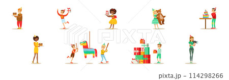 Boy and Girl Child at Happy Birthday Party Celebrating Holiday Vector Set Boy and Girl Child at Happy Birthday Party Celebrating Holiday Vector Set 114298266