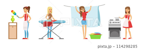 Woman Housewife Engaged in Domestic Chores and Cleanup Vector Set 114298285