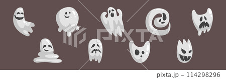 Grey Ghost Character with Scary Face Grimace Vector Set 114298296