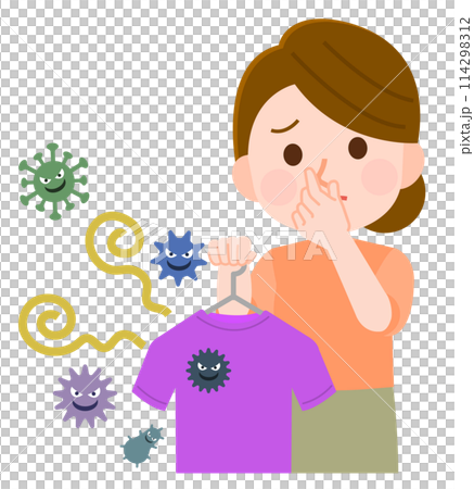 洗濯物の嫌な匂いで鼻をつまむ女性　飛ぶ菌　イラスト 114298312