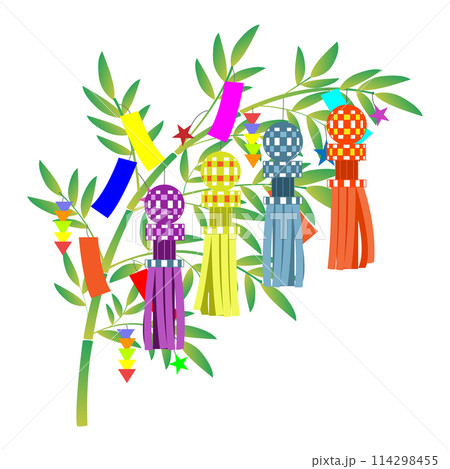 七夕の笹飾り短冊吹流しイラスト 114298455