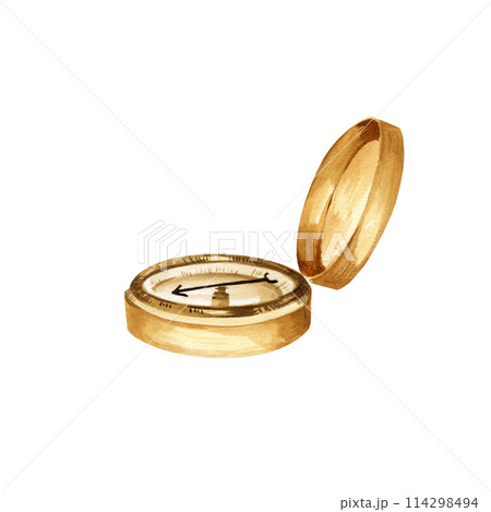 watercolor old metal navigation compass with lid, vintage brown compass, naval equipment, captain, sailor and travelers tool isolated on white background, for adventures illustrations watercolor old metal navigation compass with lid, vintage brown compass, naval equipment, captain, sailor and travelers tool isolated on white background, for adventures illustrations 114298494