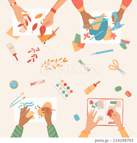 Flat handmade craftwork art class background, creative handcraft top view illustration, hands create handicraft hobby activity collection, colorful children craft work social media banner concept. 114298705