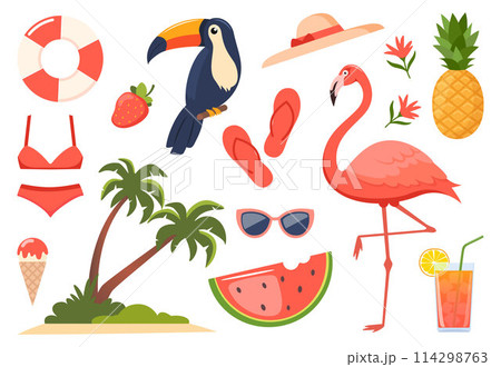 Summer icons. Flamingo, toucan, tropical palm leaves, pineapple, ice cream, cocktail, palm, watermelon, hat, swimsuit, flower. Summertime poster elements. 114298763