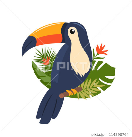Toucan, exotic birds, tropical flowers, palm leaves, jungle leaves, bird of paradise. Toucan, exotic birds, tropical flowers, palm leaves, jungle leaves, bird of paradise. 114298764