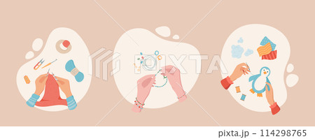 Cartoon creative DIY art workshop scene set, colorful hands make craftwork top view banner, handicraft knitting work hobby concept, handmade weaving handcraft activity class vector collection, Cartoon creative DIY art workshop scene set, colorful hands make craftwork top view banner, handicraft knitting work hobby concept, handmade weaving handcraft activity class vector collection, 114298765