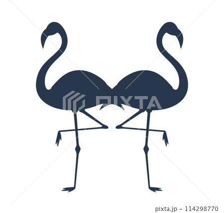 Black silhouette of two flamingo birds. Exotic tropical bird character. Isolated wildlife animal. 114298770