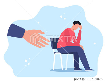 Human hand helps unhappy and sad young man in depression sitting. Mental health concept. Human hand helps unhappy and sad young man in depression sitting. Mental health concept. 114298785