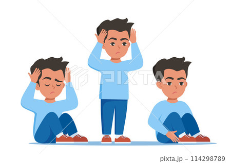 Sad boy stands and sits in different poses. Autism, child stress, mental disorder, anxiety, depression, stress, headache. Sad boy stands and sits in different poses. Autism, child stress, mental disorder, anxiety, depression, stress, headache. 114298789