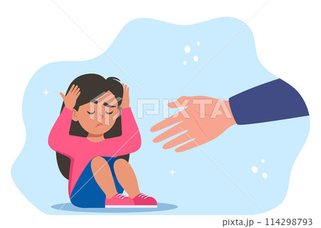 Human hand helps unhappy and sad kid in depression sitting. Mental health concept. 114298793