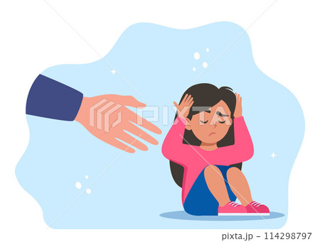 Human hand helps unhappy and sad kid in depression sitting. Mental health concept. 114298797