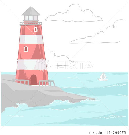 Beacon standing on rock washed by water vector Beacon standing on rock washed by water vector 114299076
