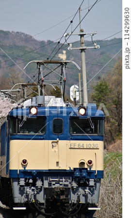 JR篠ノ井線の姨捨駅下の大池踏切を走る電気機関車 114299630