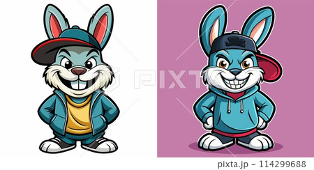 Two Cartoon Rabbits With Baseball Caps 114299688