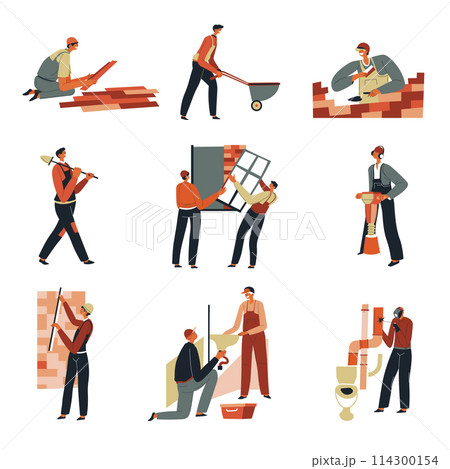 Builders on building site, construction works 114300154