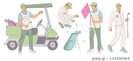 smiling golf club staff part 3 male caddie, golf cart, caddy man with flag, golf ball, clubs, golf bag smiling golf club staff part 3 male caddie, golf cart, caddy man with flag, golf ball, clubs, golf bag 114300464