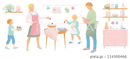 Happy parents with children preparing strawberries cake. Family working together Happy parents with children preparing strawberries cake. Family working together 114300466