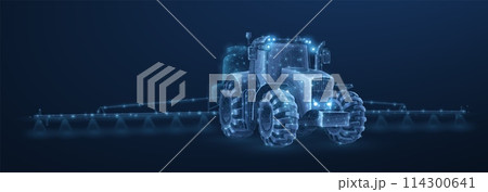 Farm tractor on irrigation. Crop cultivation, Soy plantation, Farmer agronomy 114300641