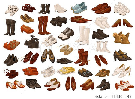 Male and female shoes, vintage and retro boots 114301145