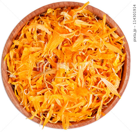 Marigold flowers, tagetes in small wooden bow isolated on white. Marigold flowers, tagetes in small wooden bow isolated on white. 114301914
