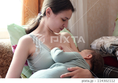 Young woman breastfeeding her baby at home. Milk from mother's breast is a natural medicine to baby. Mother day bonding concept with newborn baby nursing Young woman breastfeeding her baby at home. Milk from mother's breast is a natural medicine to baby. Mother day bonding concept with newborn baby nursing 114302112