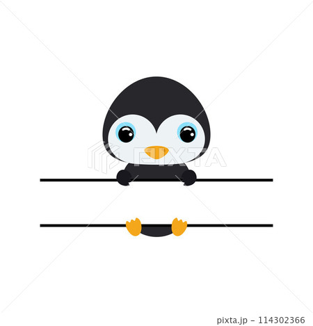 Cute penguin split monogram. Funny cartoon character for shirt, scrapbooking, greeting cards, baby shower, invitation. Bright colored childish stock vector illustration Cute penguin split monogram. Funny cartoon character for shirt, scrapbooking, greeting cards, baby shower, invitation. Bright colored childish stock vector illustration 114302366