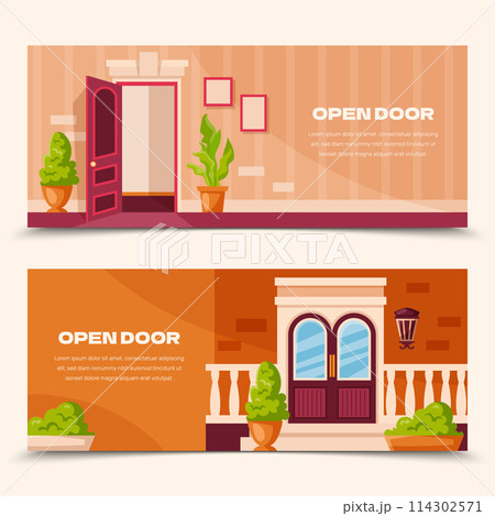 Door design hand drawn cartoon banner set 114302571