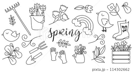 Set of Doodle Spring elements. Coloring book for kids with Flowers, Tools and Nature. Outline Vector Object for Design, Postcard, Card, Poster, Sticker pack. Decor for holiday of March 8, Easter. 114302662