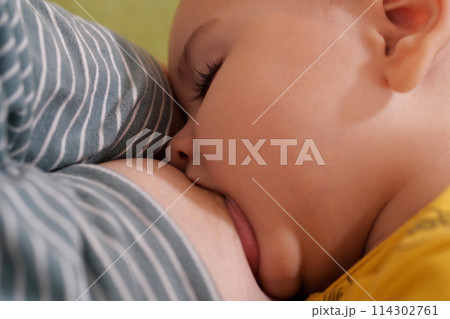 Young woman breastfeeding her baby at home. Milk from mother's breast is a natural medicine to baby. Mother day bonding concept with newborn baby nursing 114302761