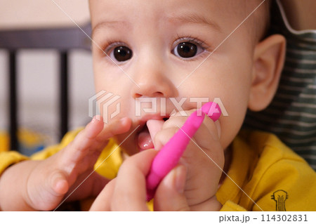 Cute adorable newborn baby playing with colorful rattle toy. baby with teether. six months old lovely baby portrait on white with teether toy 114302831