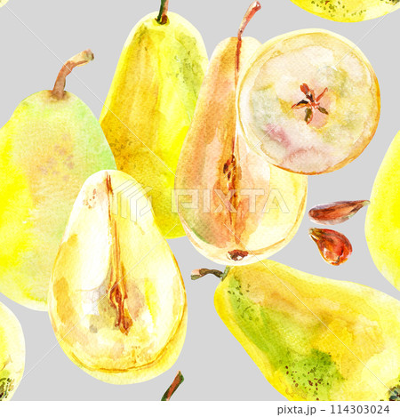 Pattern of fresh ripe yellow honey pear fruits. Hand drawn watercolor illustration. Delicious aromatic fruit ripened on a tree. Used on labels, kitchen towels, napkins, tablecloths Pattern of fresh ripe yellow honey pear fruits. Hand drawn watercolor illustration. Delicious aromatic fruit ripened on a tree. Used on labels, kitchen towels, napkins, tablecloths 114303024