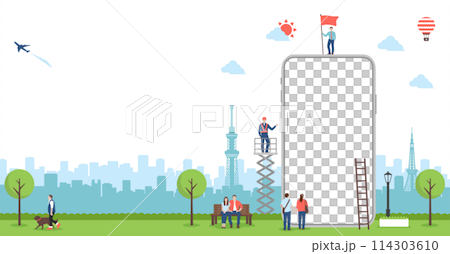 Smartphone/app motif banner illustration / Smartphone screen design space Smartphone/app motif banner illustration / Smartphone screen design space 114303610