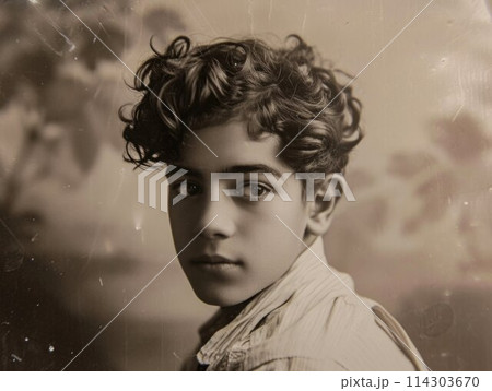 Photorealistic Teen Persian Man with Brown Curly Hair vintage Illustration. 114303670