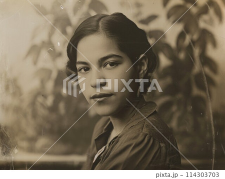 Photorealistic Teen Latino Woman with Brown Straight Hair vintage Illustration. Photorealistic Teen Latino Woman with Brown Straight Hair vintage Illustration. 114303703