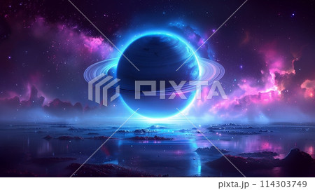Mystical Planet Amidst Starry Cosmic Landscape 114303749