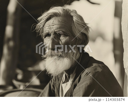 Photorealistic Old Persian Man with Blond Straight Hair vintage Illustration. 114303874